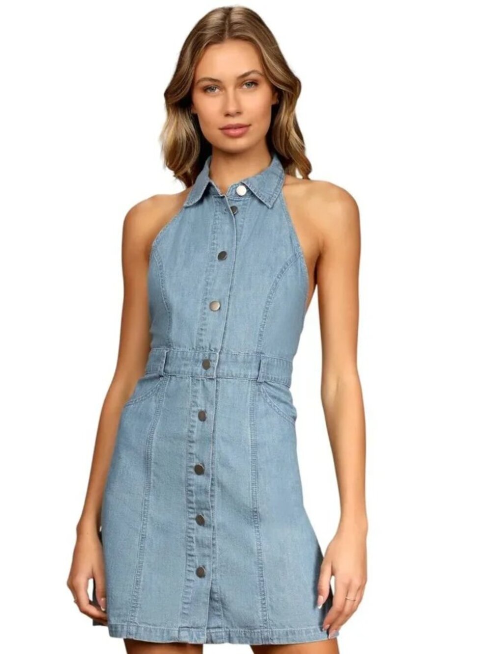Free People Halter Denim Mini Dress – Medium – Button-Front, Open Back